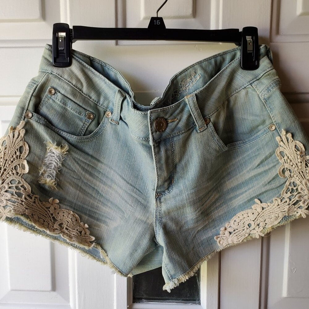 Junior's Almost Famous Blue Jean Shorts W/White Lace - Size 13 - Used